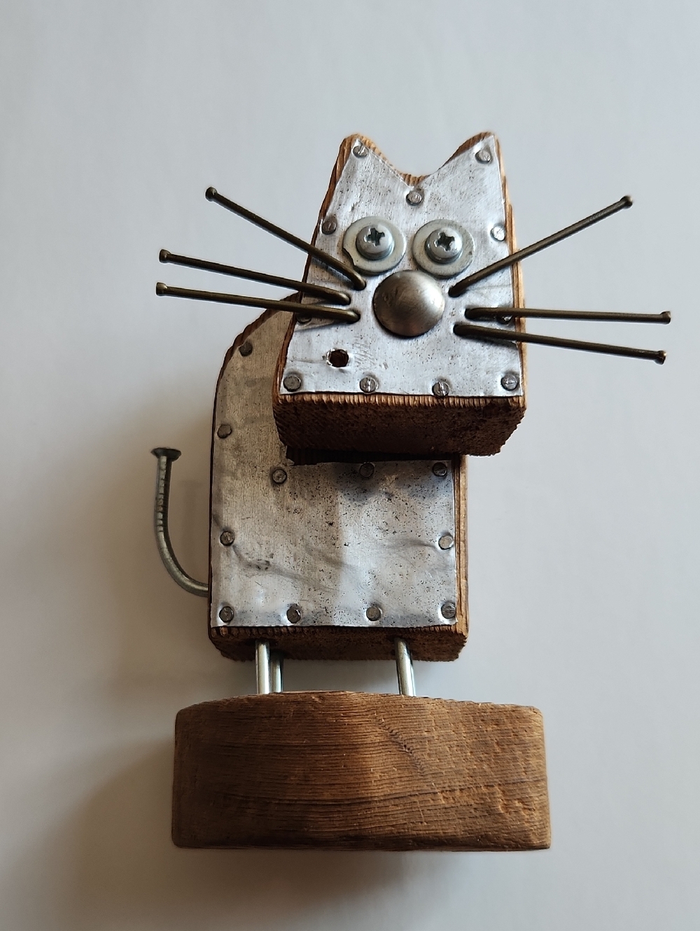 Steampunk Handcrafted Wooden & Metal Cat Figurine - Silver and Brown